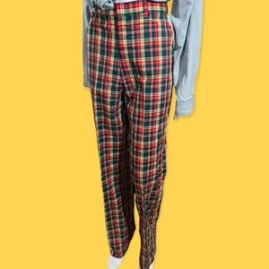 Vintage high rise green red yellow plaid pants tall retro midcentury